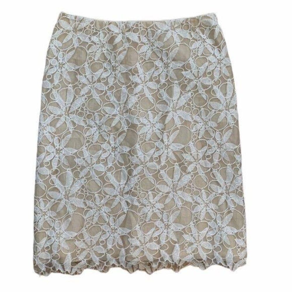 NWOT Lida Baday Silk Lace Skirt Size 8 Ivory Biege Straight Pencil Knee Length